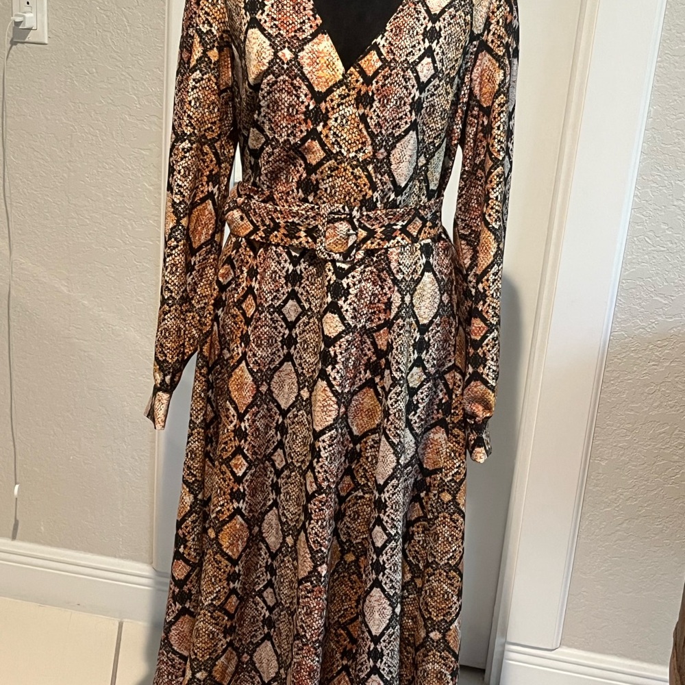 RACHEL Rachel Roy Long Sleeve Snake-Print Wrap Maxi Dress in Brown and Black